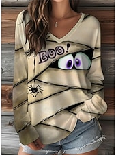 levne Halloweenské topy-Halloween Dámské Tričko Grafika předvečer Všech svatých Netvor Vinobraní stylové Klasické Dlouhý rukáv Do V Běžné topy Denní Víkend Tisk Černá Oranžová Khaki Jaro Podzim