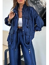 halpa Naisten puseropuvut-Naisten Puvut Mukava Kurenauha Tasku Täysi vetoketju Urheilu Muoti Päivittäin Retro Tavallinen Koulu Loma Koti Toimisto Cardigan Normaali Stand-kaula-aukko Loose Fit Pitkähihainen Päällysvaatteet