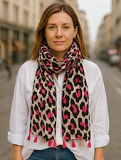 abordables Bufandas de mujer-Bufanda con borlas y estampado de leopardo para mujer: chal extragrande, suave y ligero con flecos, estilo bohemio chic para otoño/invierno, atuendos casuales, oficina, viajes y regalos.