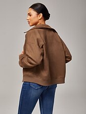 economico Cappotti &amp; Trench-giacca da donna in finta pelle scamosciata con cerniera, collo con revers, finiture a costine, chiusura con cerniera, tasche foderate, casual, elegante, per tutti i giorni, autunno