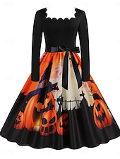 abordables Robe d&amp;#39;Halloween-Halloween Femmes Robe Midi Robe trapèze Occasionnel Quotidien Fête Coupe régulière Potiron manche longue Col carré Jaune foncé Noir Jaune Orange Été Printemps Automne