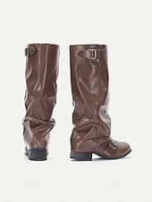 abordables Bottes à la mode-Bottes d&#039;équitation marron pour femmes - style équestre souple en similicuir avec sangles à boucle et talon bas, chaussures décontractées d&#039;automne et d&#039;hiver pour événements en plein air, festivals