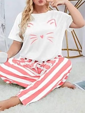 Per donna Attivo Blusa Set di Pantaloni Manica Corta Girocollo Gatto A righe Stampato Vacanza Casual Quotidiano Nero Giallo Rosa Autunno Vestibilità regolare economico Abiti da donna con camicetta-Per donna Attivo Blusa Set di Pantaloni Manica Corta Girocollo Gatto A righe Stampato Vacanza Casual Quotidiano Nero Giallo Rosa Autunno Vestibilità regolare