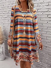 Women's Knee Length Dress Knit Dress Casual Dress T Shirt Dress Tee Dress A Line Dress Casual Regular Fit Graphic Geometric Stripe Long Sleeve Crew Neck Orange Spring Fall Winter4