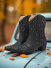 levne Cowboy &amp; Western Boots-Dámské tmavě hnědé krátké kovbojské boty do westernu s bílými vyšívanými vzory, špičatou špičkou a nízkým podpatkem pro country dance a ležérní outfity