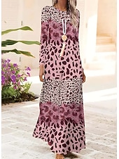 tanie Sukienka boho-Damskie Sukienka maxi Sukienka trapezowa Sukienka A line Impreza Codzienny Boho Codzienny Randka Wyjściowe Regularny Graficzny Zwierzę Panterka Długi rękaw Półgolf Rumiany róż Niebieski Brązowy