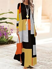 ieftine Rochie cu dungi și geometrică-Pentru femei Rochie Maxi Rochie A line Rochie de vară Vacanță Casual Zilnic Fit regulat Grafic Geometric Abstract Manșon Lung Stil Nautic Galben Albastru piscină Primăvară Toamnă Iarnă
