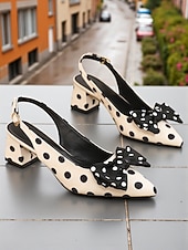  Sapatos femininos estilo slingback com bolinhas - sapatos de salto bloco com bico fino e cetim bege e preto com detalhe de laço, estilo retrô chique dos anos 1950 para festas, uso no escritório e looks de primavera-verão