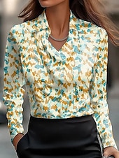voordelige Elegante topjes-Dames Overhemd Bloemig Grafisch Elegant Stijlvol Casual Lange mouw Col Normale tops Werk Feestavondkleding Dagelijks Met ruches Gedrapeerd Geel Blozend Roze Groen Grijs Zomer Herfst