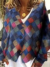preiswerte 3D Strickjacke-Damen Mantel Freizeitjacke Warm Bequem Druck Mode Modern Lässig Blumen Ausgehen Wochenende Einreihig Regulär V Ausschnitt Normale Passform Langarm Oberbekleidung Weiß Blau Purpur Herbst Winter