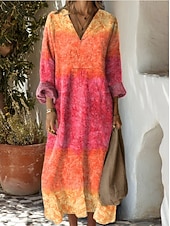 preiswerte Streifen- und geometrische Kleider-Damen Maxikleid Sommerkleid A Linie Kleid Urlaub Lässig Boho Party Ferien Strand Lässiger Schnitt Grafik Geometrisch Abstrakt Langarm V Ausschnitt Dunkelbraun Dunkelrot Rote Leicht Braun Frühling