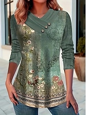 billige Boho t-skjorte-Dame T skjorte Grafisk Stripet Årgang Stilfull Fritid Langermet V-hals Vanlige topper Daglig Helg Knapper Trykt mønster Lysegrønn Blå Grønn Grå Høst Vinter