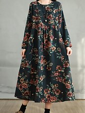 abordables robes imprimées en coton et lin-Femmes Robe maxi Robe trapèze Occasionnel Quotidien Coupe régulière Fleuri manche longue Col ras du cou Bleu marine Rouge Vert foncé Marron Été Automne