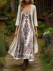 billiga Boho-klänning-Dam Klänning Set Maxiklänning A linjeklänning Sommarklänning Semester Boho Nyans Blommig Multi lager Mönster Maxiklänning 3/4 ärm V-hals Utomhus Dagligen Svart Rodnande Rosa Orange Sommar Vår Normal