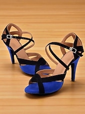 abordables Chaussures de danses latines-Chaussures de danse latine pour femmes en daim bleu et noir avec brides croisées, bout ouvert, talon haut - Chaussures de performance de salon professionnelles pour les compétitions et l&#039;entraînement