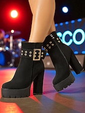 baratos Botas com salto-bota feminina plataforma de camurça preta com salto grosso e fivela dourada &amp;fecho de zíper - festa ousada &amp;calçados de concerto para looks de outono e inverno