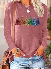billige Kunst &amp; Design t-skjorte-Jul Dame T skjorte Grafisk Geometrisk Stripet Elegant Årgang Mote Langermet Crew-hals Rund hals Vanlige topper Daglig Ut på byen Helg Trykt mønster Svart Rosa Lysebrun Blå Vår Høst Vinter