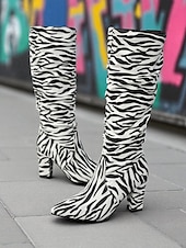 cheap Slouch Boots-Women's Zebra - Striped Slouchy Knee - High Block Heel Boots - Edgy Streetwear Shoes for Casual Hangouts and Night Events