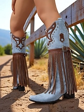 billige Cowboy og vestlige støvler-Blå og brune cowboystøvler med westernfrynser til dame – knehøye støvler med broderi i imitert skinn for rodeo-stil, countrykonserter og festivalantrekk