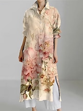abordables Robes-chemises-Femmes Robe Longue Maxi Robe Robe Chemise Robe Décontractée Robe Imprimée Mode Moderne Quotidien Week-end Coupe régulière Géométrique Fleur manche longue Col de chemise Jaune Rouge Bleu Kaki