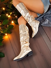 abordables Botas de moda-Botas altas hasta la rodilla holgadas con tacón bajo y diseño metalizado dorado para mujer: calzado de fiesta brillante para la vida nocturna, discotecas y moda nocturna.
