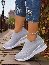 preiswerte Damen-Sneaker-Pinke Flyknit-Slip-On-Sneaker mit Strasssteinen für Damen – atmungsaktive, leichte Keilschuhe zum Spazierengehen, für Fitness und den lässigen Alltag