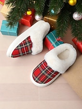 baratos Chinelos de mulher-chinelos de Natal xadrez vermelhos para mulheres com forro de pele sintética e sola acolchoada – sapatos confortáveis para usar em casa, para presentes de inverno e feriados