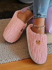 ieftine Flip-Flops de Damă-Papuci de pluș pentru femei cu desene animate și broderie cu ursuleți – pantofi moi și confortabili pentru dormitor și pentru uz casnic iarna