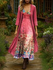 abordables Robe Fleurie-Femmes Robe Ensemble Robe Maxi Robe trapèze Vacances Boho Fleuri Graphique Superposé Imprimé Robe maxi Manche 3/4 Col en V Extérieur Quotidien Rouge Bleu Violet Claire Été Printemps Coupe régulière