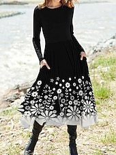 preiswerte Streifen- und geometrische Kleider-Damen Midikleid A Linie Kleid Figurbetontes Kleid Urlaub Lässig Täglich Ausgehen Normale Passform Ombre Grafik Geometrisch Langarm Rundhalsausschnitt Weiß Rosa Blau Grau Frühling Herbst Winter
