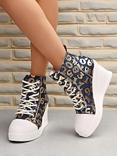 preiswerte Damen-Sneaker-Damen-Wedge-Sneaker aus blauem Denim mit Schmetterlings-Print – lässige Schnürstiefel mit verstecktem Absatz für Reisen, Streetwear und Alltagsoutfits