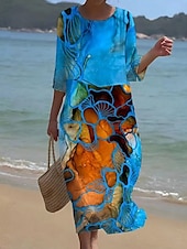 preiswerte Kunst &amp; Design Kleid-Damen Maxi Kleid Kaftan 3/4 Länge Ärmel Rundhalsausschnitt Lässiges Shift Kleid A-Linie Kleid Kleid Boho Alltag Urlaub Date Reguläre Passform Grafisch Geometrisch Abstrakt Gelb Blau Grün Frühling