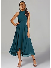 billiga Bröllopsgästklänningar-A-linjeformade Bröllops Gäst Klänningar Elegant Klänning Formal Bröllops Fest Te Längd utan Ärmar En Axlar Höst Bröllops Gäst Chiffon med Rynkning