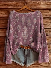 cheap Graphic Patterns &amp; Details-Women&#039;s Sweater Casual Soft Floral Vintage Ethnic Long Sleeve Crew Neck Regular Tops Daily Holiday Print Wine Red Purple Fuchsia Spring Fall Winter