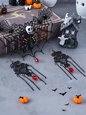 abordables Accesorios de Halloween-Conjunto de collar y pendientes de araña y calavera de Halloween para mujer: diseño de red de encaje negro con gema roja, perfecto para fiestas y disfraces de Halloween.