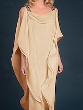 billiga Golvlängd-Strand Bröllop Sheath Mor till Bruden Klänning Bröllop Gäst Elegant Plus Size Juvel Uringning Golvlängd Chiffong Halv Ärmm med Pärlbrodering Kaskad Volanger fri skräddarsydd storlek