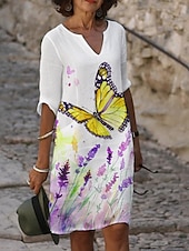 abordables Robes Floraux Imprimés-Femmes Robe Midi Robe Décontractée Robe Imprimée Mode Moderne Quotidien Plage Week-end Coupe régulière Fleuri Papillon Manche 3/4 Col ras du cou Jaune Bleu Violet Orange Été Printemps Automne