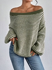 preiswerte Grafische Muster und Details-Damen Pullover Lässig Weich Gestreift Gerippt U-Boot-Ausschnitt Gestrickt Langarm Normale Oberteile Stricken Outdoor Täglich Wochenende Schwarz Rote Herbst Winter