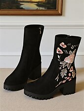 billiga Ankelstövlar-Damstövlar i broderad mockaimitation med halvhög vad, grov klack och blommönster – bohemiska höst- och vinterskor för fester och utomhusmode