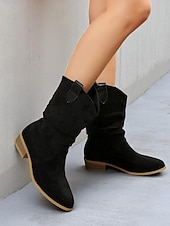 abordables Bottes souples-Bottes mi-mollet souples en faux daim rouge pour femmes avec talon bas et languettes de traction – chaussures d&#039;hiver et de vacances élégantes pour les tenues décontractées et Noël