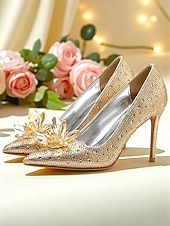 economico Formale-décolleté con tacco alto impreziosite da cristalli dorati da donna - stiletti a punta con strass scintillanti per matrimoni, feste serali e occasioni formali
