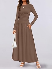 voordelige Witte jurk-Dames Maxi-jurk Trui-jurk A lijn jurk Casual Dagelijks Normale pasvorm Effen Lange mouw Strakke ronde hals Zwart Blozend Roze Rood Bruin Lente Herfst Winter