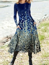 preiswerte Streifen- und geometrische Kleider-Damen Midikleid A Linie Kleid Figurbetontes Kleid Urlaub Lässig Täglich Ausgehen Normale Passform Ombre Grafik Geometrisch Langarm Rundhalsausschnitt Weiß Rosa Blau Grau Frühling Herbst Winter