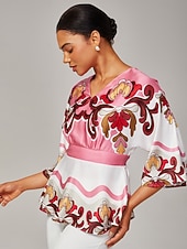 economico Bluse e camicie-Top da donna in raso stampato rosa con scollo a barchetta, maniche a sbuffo, in viscosa, elegante, lavabile in lavatrice, per tutti i giorni, lavoro, autunno