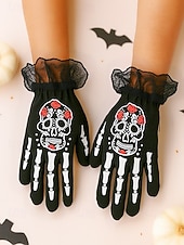 preiswerte Halloween-Zubehör-Damen-Halloween-Skeletthandschuhe – schwarze Spitzenmanschette mit Zuckerschädel-Aufdruck, Kostümzubehör für Party, Cosplay und Nachtleben