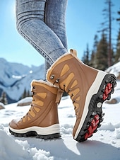 お買い得  雪と冬のブーツ-ファーライニング付きレディースカーキ防水冬用スノーブーツ - 寒い天候やスキー旅行に最適な暖かいレースアップアウトドアシューズ