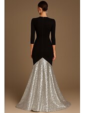 economico Vestiti da sera-abito da sera elegante a sirena con paillettes nere, oro e argento, abito formale da sposa, lunghezza al pavimento, manica a 3/4, scollo a V con pieghe 2025