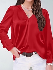 preiswerte Elegante Oberteile-Damen Hemd Bluse Einfach Modern Lässig Langarm V Ausschnitt Normale Oberteile Täglich Ferien Ausgehen Gerafft Schwarz Weiß Gelb Rosa Wein Herbst
