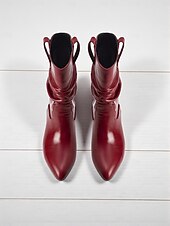 tanie Buty typu slouch-Damskie czerwone botki typu slouch z miękką, marszczoną cholewką, na niskim klockowym obcasie, szykowne obuwie w miejskim stylu dla kobiet, idealne do codziennych, swobodnych stylizacji i miejskich