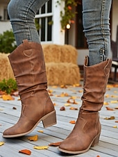 olcso Slouch Boots-női barna bő szárú, félvádrájú csizma – vastag sarkú, western stílusú csizma őszi divathoz, szabadtéri eseményekhez és hétköznapokra